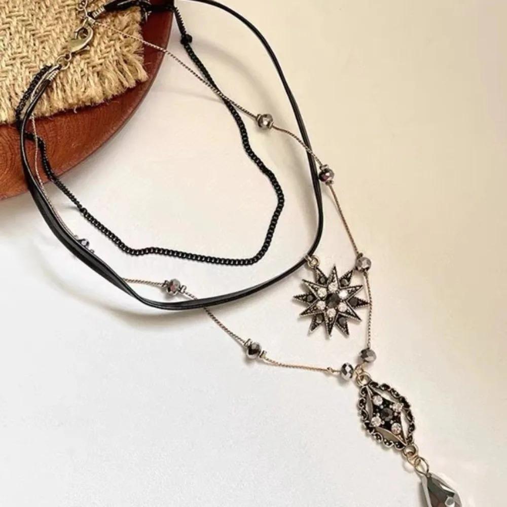 Bohemia Retro Geometry Inlay Zircon Awn Star Rhombus Water Drop Tassel Pendant Multi-layer Necklace for Women Vacation Jewelry