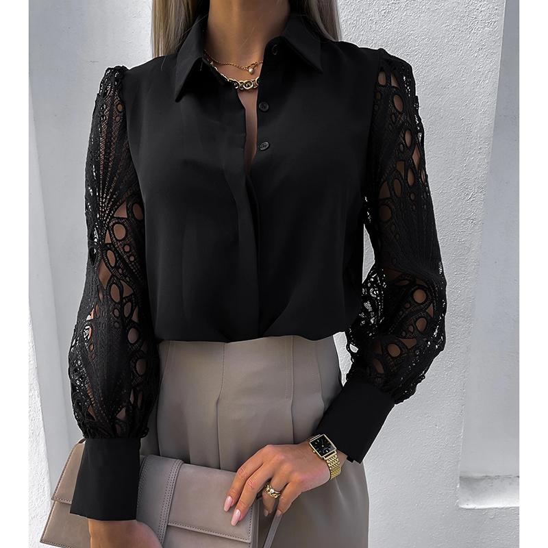 

Чорно-біла мереживна жіноча блуза, весна, вінтажні сорочки на ґудзиках, офісні жіночі топи з довгим рукавом і сітчастим дизайном XXL чорний