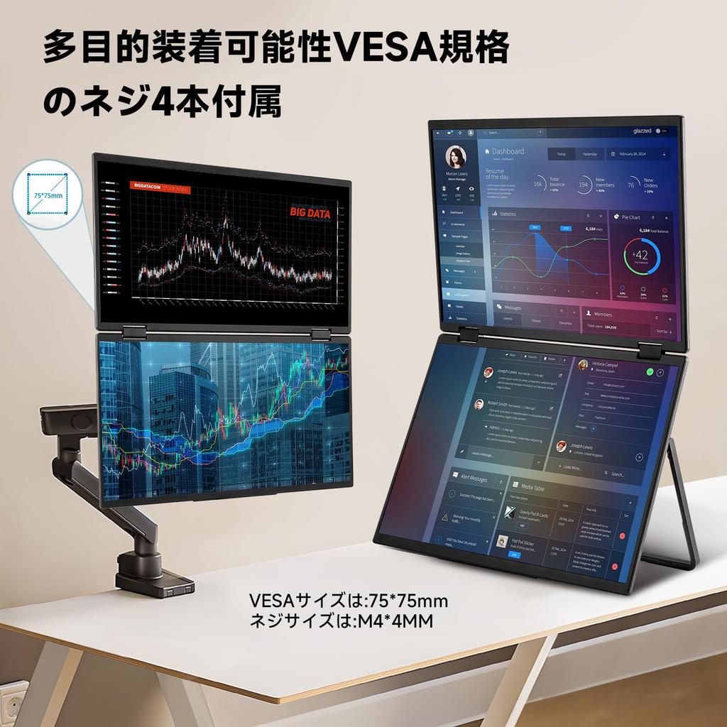 MESWAO Dual Mobile 1920x1080 FHD sRGB Wide Color Foldable Portable VESA Freestanding HDMI Ports Monitor, 15.6-inch, 120% Gamut, Dual-Display Monitor,