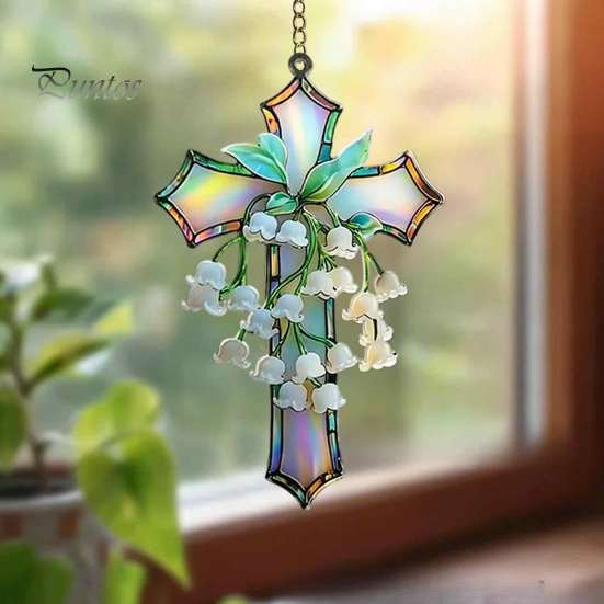 Artistic Wall Decoration Lily of The Valley Suncatcher, Acrylic Stained Glass Style Hanging Holiday Commemorative Gift Ornament with Metal Chain,