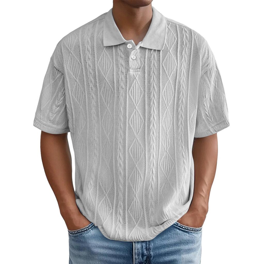 Casual  Shirts For Men Jacquared Texture Short Sleeve Tshirts Summer Loose Fit Breathable Outdoor Tops Plus Size