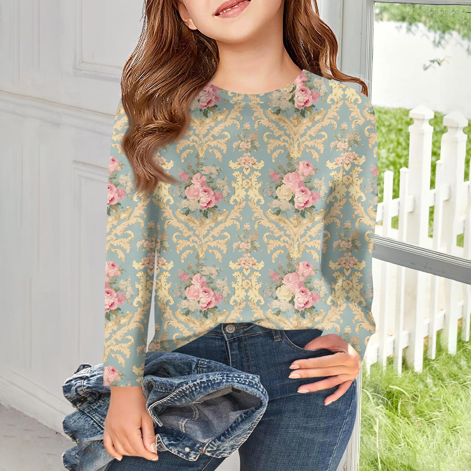 

Girls Long Sleeve T Shirts Kids Fall Tops Crewneck Printed Basic Tees 120