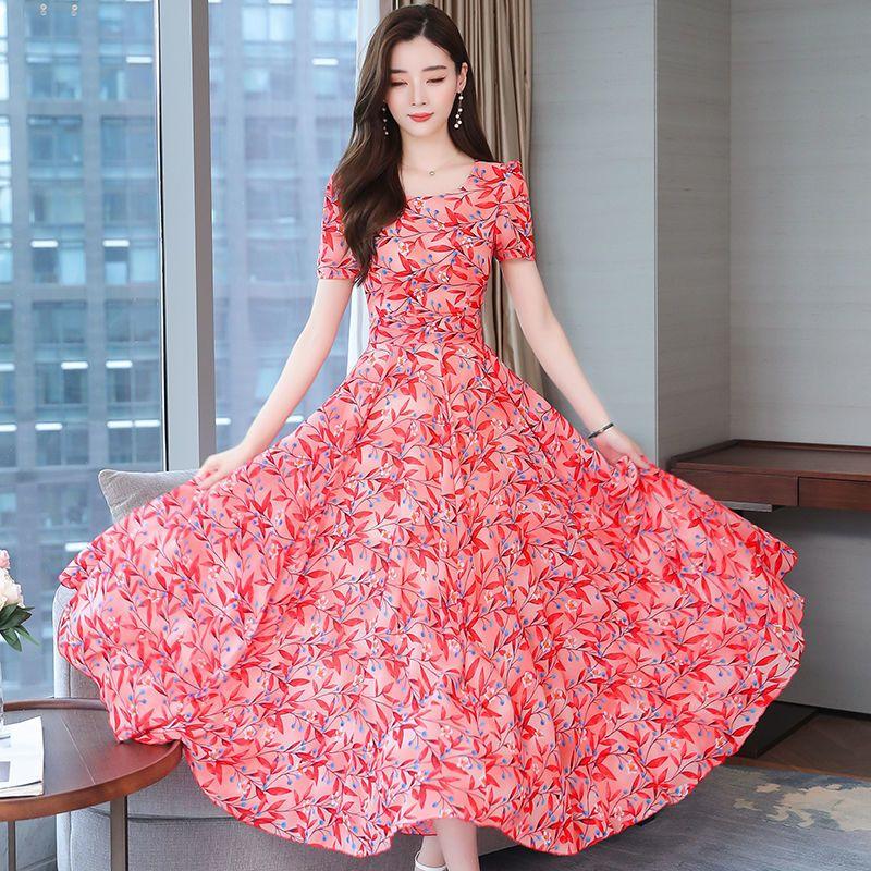 WTEMPO Dámské letní šaty velkých velikostí s kulatým výstřihem, s prázdninovým potiskem, plážové šaty, šaty s temperamentem v pase, temperamentní volné květinové šaty