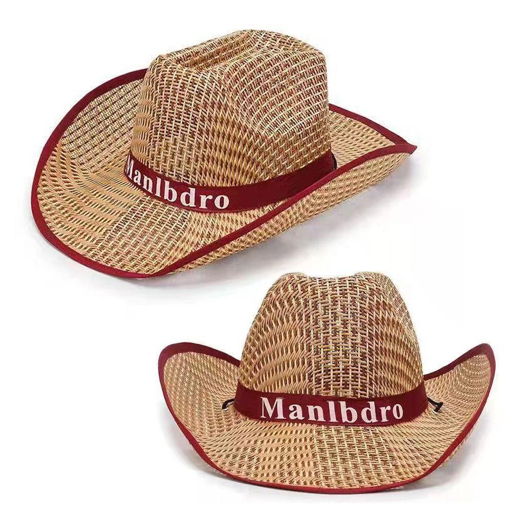 Western Cowboy Style Men Straw Hat Wide Brim Beach Hat Sun Protection Hat  for Outdoor Activities