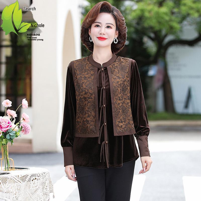 Elegant Autumn Two-Piece Retro Chinese Top for Moms and Seniors