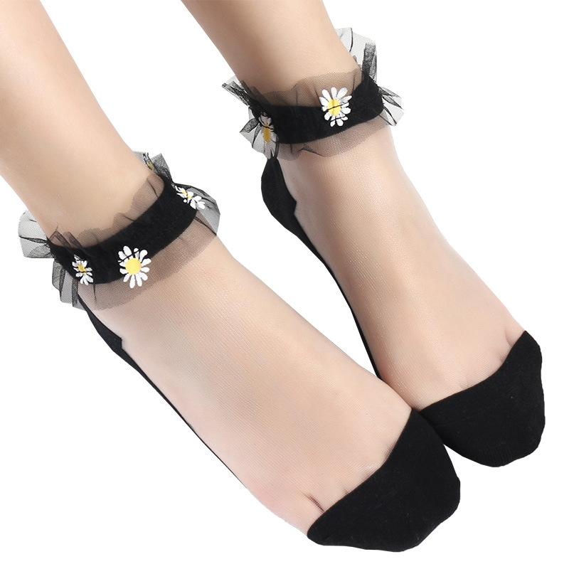5 Pairs Spring/Summer Glass Wire Boat Socks Sewn with Daisy Lace Transparent Silk Women's Boat Socks