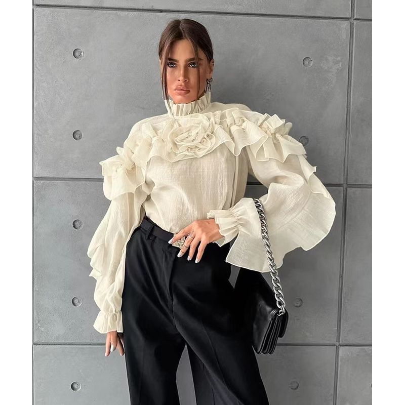 

French Style New Arrival Temperament Mesh Stand Collar Shirt Fashion Ruffles Shirt Mesh Lotus Leaf Shirt Apricot color L