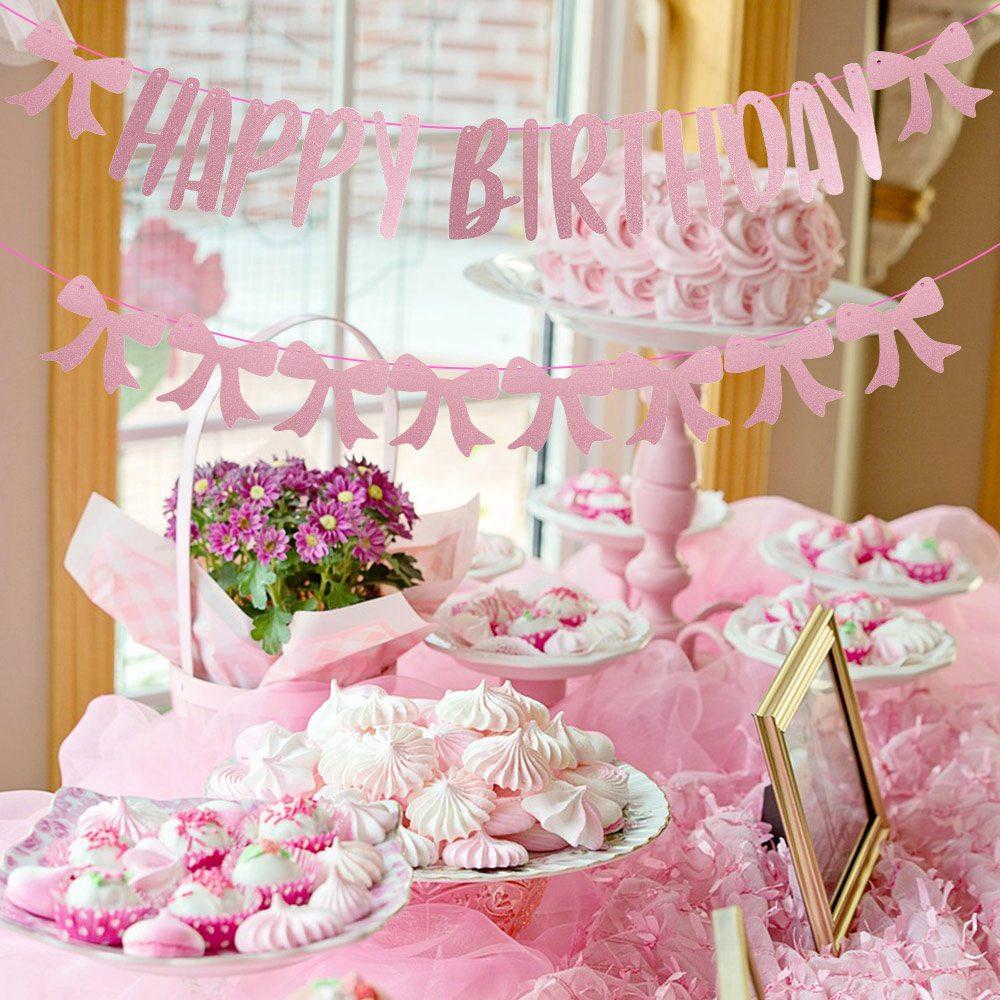

Pink Bow Happy Birthday Banner Shiny Cards Pink Glittler Backdrops Birthday Party