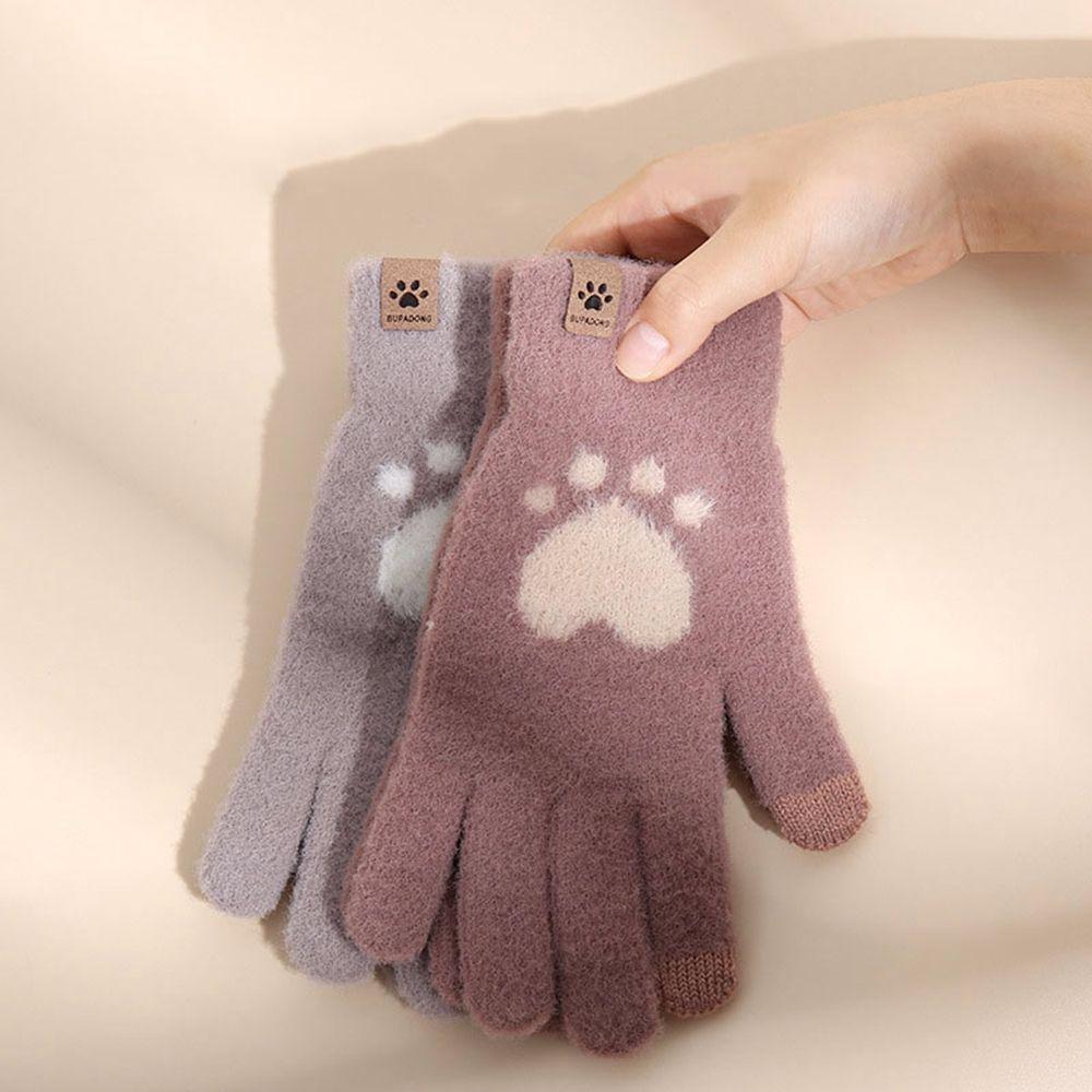 Thick Soft Women Knitted Love Cat Paw Female Gloves  Gloves Wool Mittens Driving Gloves