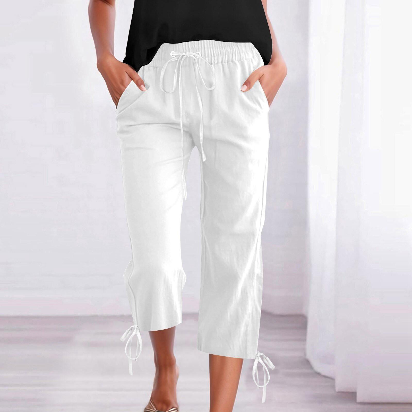 

Женские повседневные однотонные свободные прямые укороченные брюки из хлопка и льна с завязками на шнурке и карманами L белый