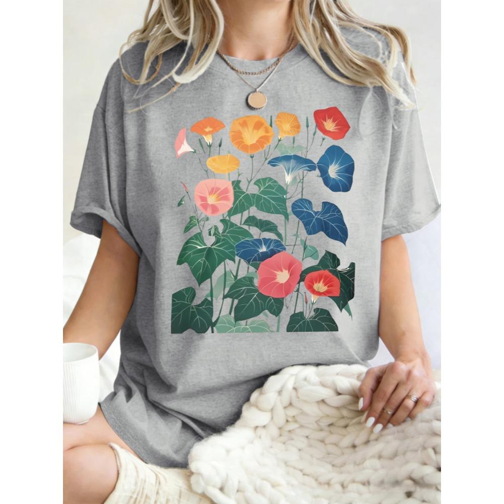 Aesthetic Morning Glory Printing Women T-Shirts Cotton Crewneck Short Sleeves Y2K Oversized Tee Top Sports Clothes