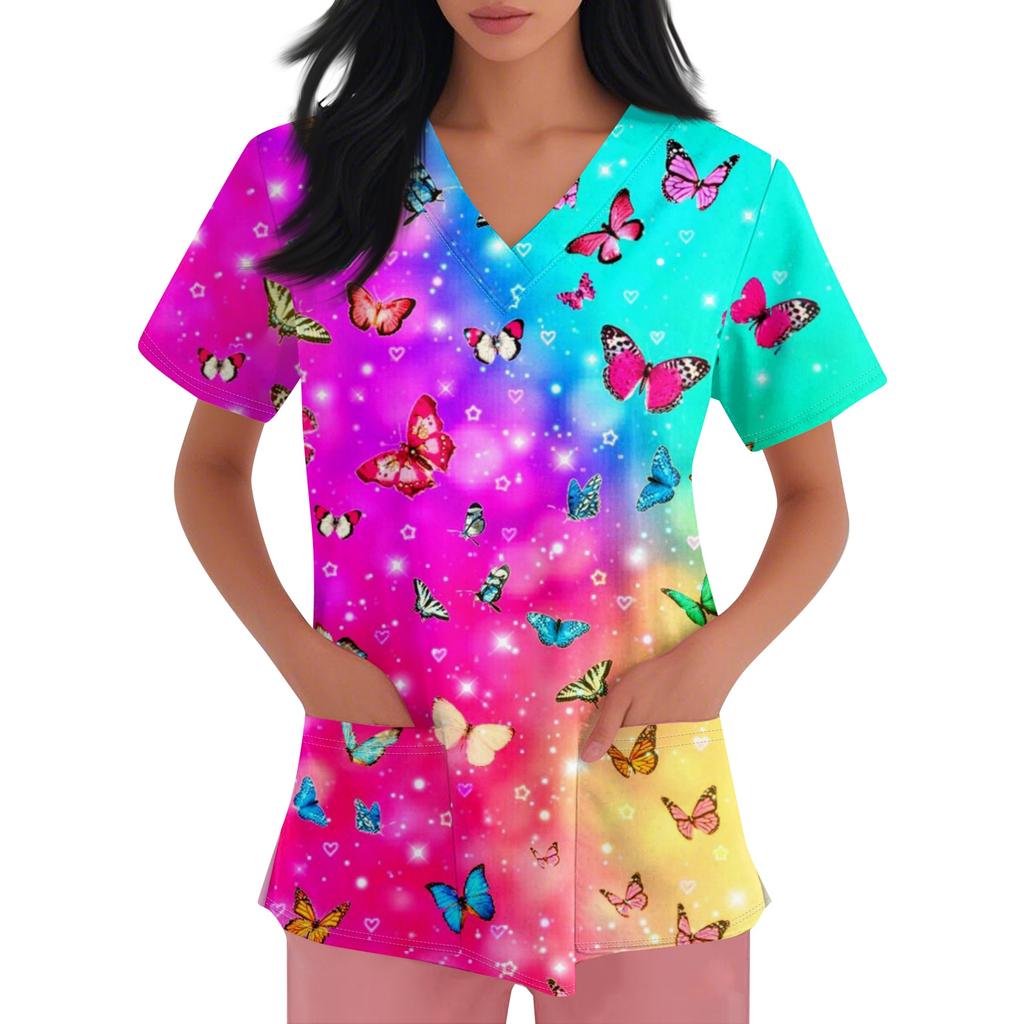 Women's V-neck Cartoon Printed Short-sleeved Pocket Side-slit Protective Suit Top