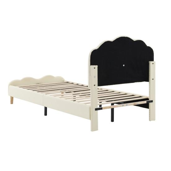 Bedroom Bed Upholstered Running Light Effect Higher Feet Without Mattress Wavy Headboard Apartment Furniture Changing LED Strip Sleep Faux Leather