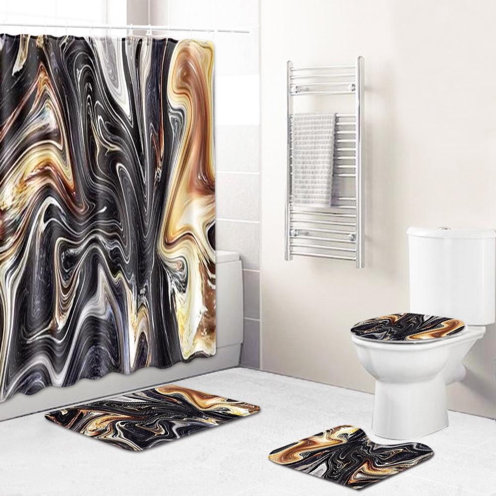 Marble Texture Printing Bathroom Non-Slip Floor Mat Shower Curtain Combination Carpet European And American Style