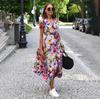 Women Summer High Waist A Line Dress Ethnic Printed Short Sleeve Lace Up