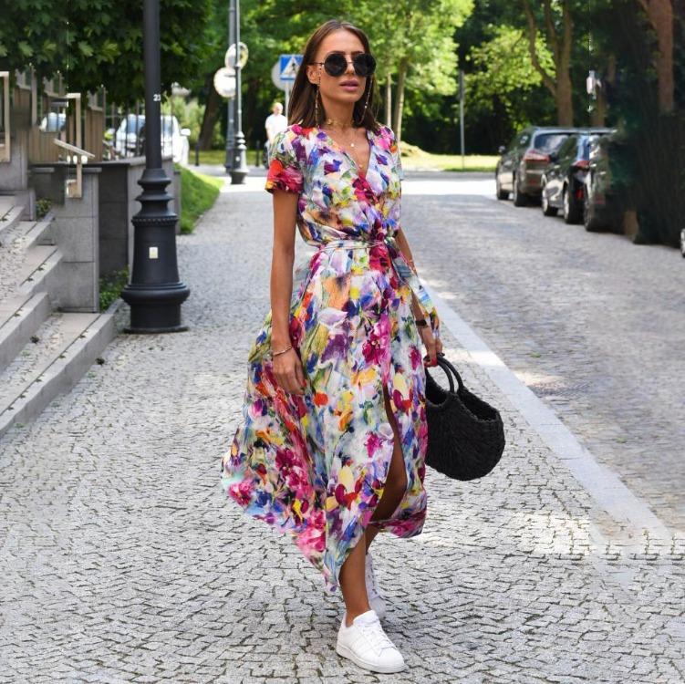 Women Summer High Waist A Line Dress Ethnic Printed Short Sleeve Lace Up