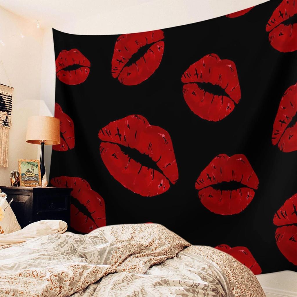 LooPoP Tapestry Wall Hanging Red Lip Tapestries Aesthetic Sexy Black Tapestry for Bedroom Living Room College Dorm Boys Girls Room Art Wall Decor