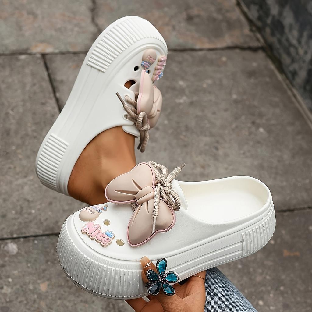 Women's Bow Decor Platform Clogs, Stylish Closed Toe Summer Beach Slide Shoes, Fashion Outdoor Lace-up Beach Garden Sandals