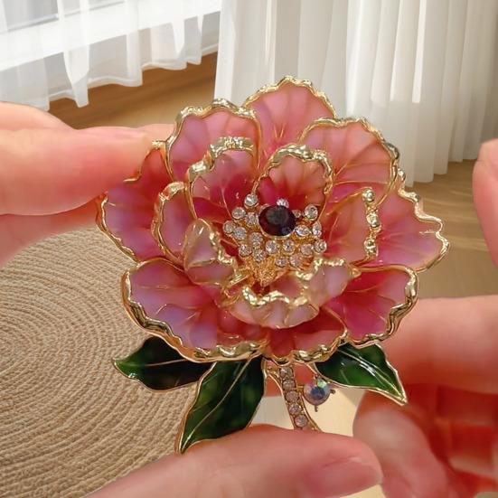 Women Brooch Sparkling Rhinestones Enamel Peony Shape Lapel Pin Suits Coats Bags Scarves Badge Versatile Accessory