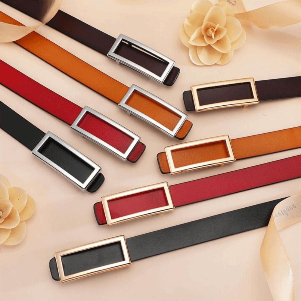 Elegant Genuine Leather Belts Rectangle Buckle Waist Belt Casual Skinny Thin Belt All-Match