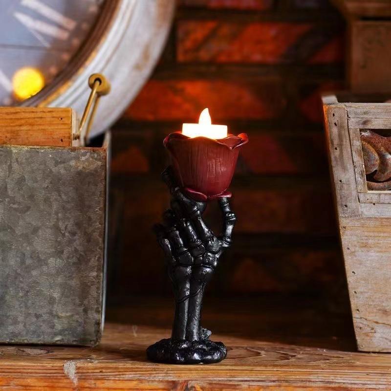 Decoration for The Tabletop Atmosphere - Halloween Skull-hand Rose Candlestick Set - Resin Home Decor - Retro and Romantic Candlestick