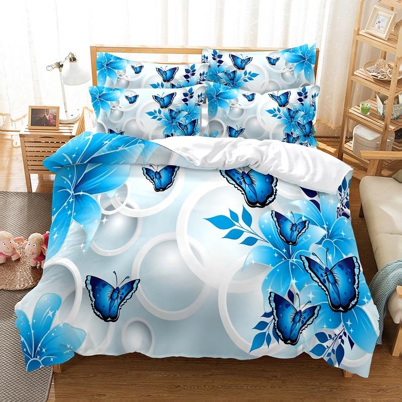 Butterfly Duvet Cover Set 3D Print Pink Rose Flowers Romantic Comforter Cover King Size For Kid Boy Girl Polyester Bedding Set