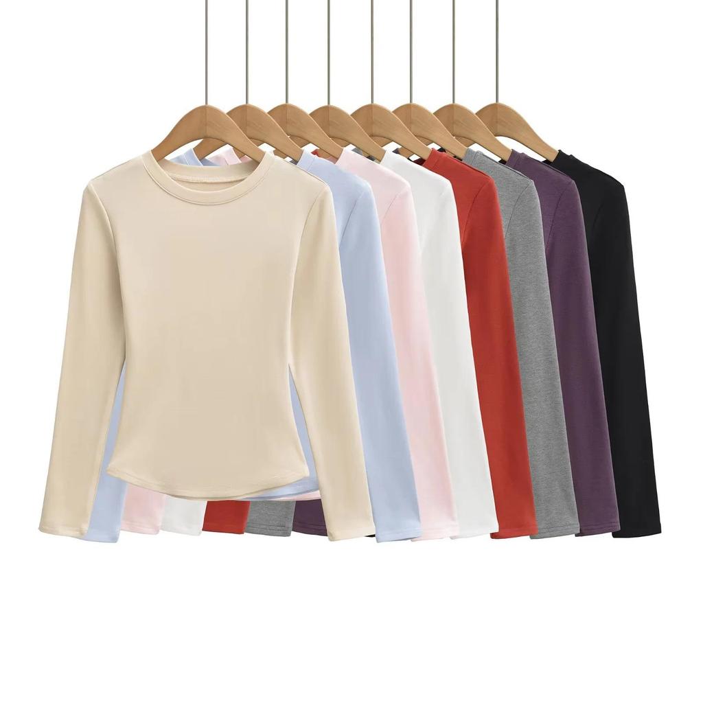 Women's Spicy Girl Round Neck Long Sleeve Yoga Tee - Slim Fit, Solid Color, Elastic Base Layer
