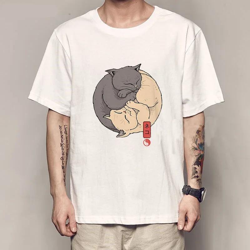 Yin Yang Cats Tshirt Men Vintage T-shirts Japanese Anime Manga Harajuku Fashion O-Neck Streetwear Casual Tops Summer Mens Tshirt