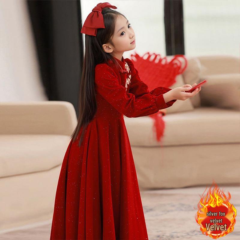 Korean Silver Fox Velvet 410g Girls' Elegant Red Long-Sleeved Embroidered Dress