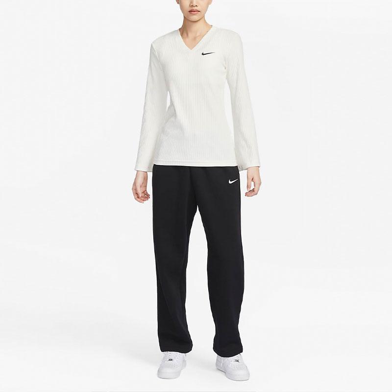 Nike Solid Ribbed V-Neck Long Sleeve Knit Top Women Tops Sail FD5259-133