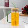 High Borosilicate Glass Square Mug with Green Handle, Straw & Bamboo Lid