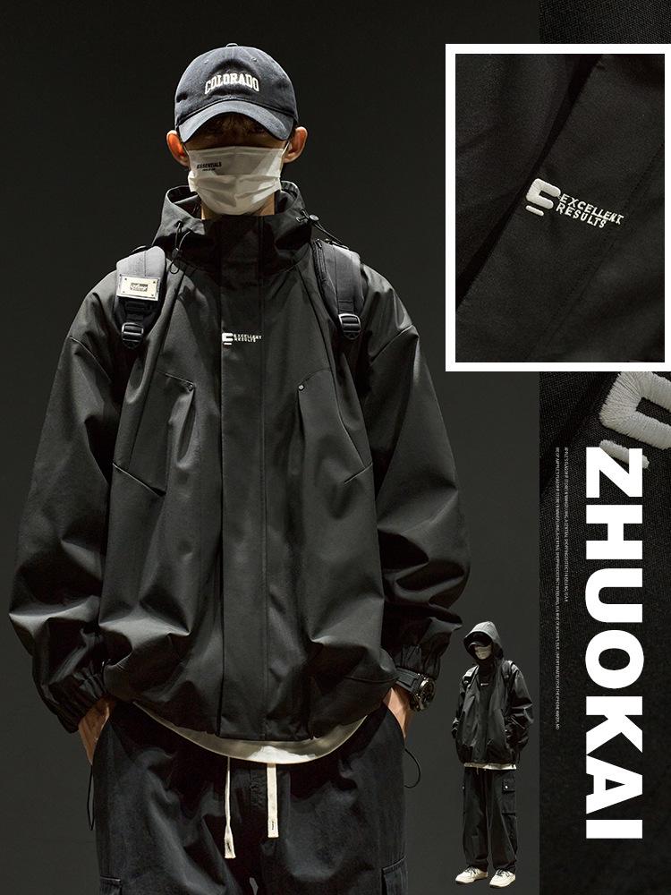 Men's Retro Street Style Hooded Jacket - Oversized, Solid Color, Trendy Brand