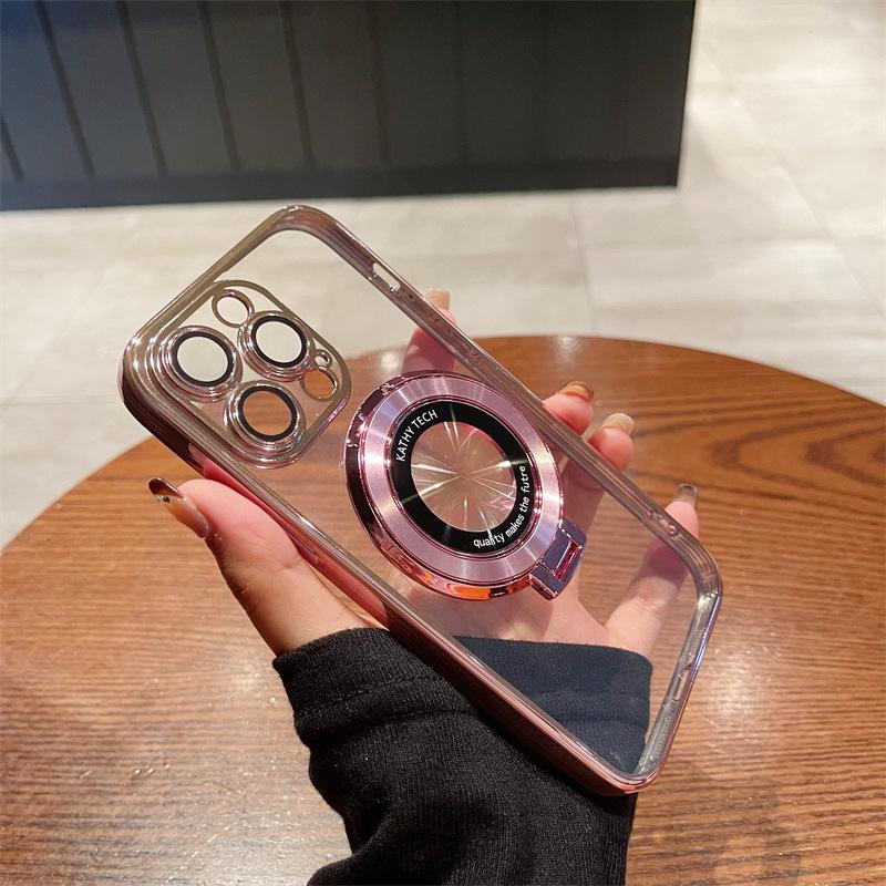 Applicable To IPhone 16 Mobile Phone Case Magnetic Suction Bracket Transparent Electroplating 14 Apple 15 Pro Protective Case 3 with Lens Film