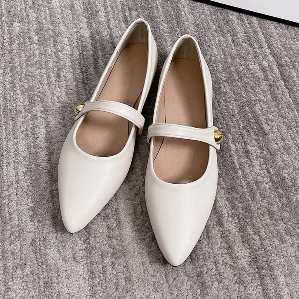 Pointed Toe Flat Shoes with Mary Jane Strap and Metallic Button Detail Slip On Design Comfortable Low Heel Casual Footwear for Women