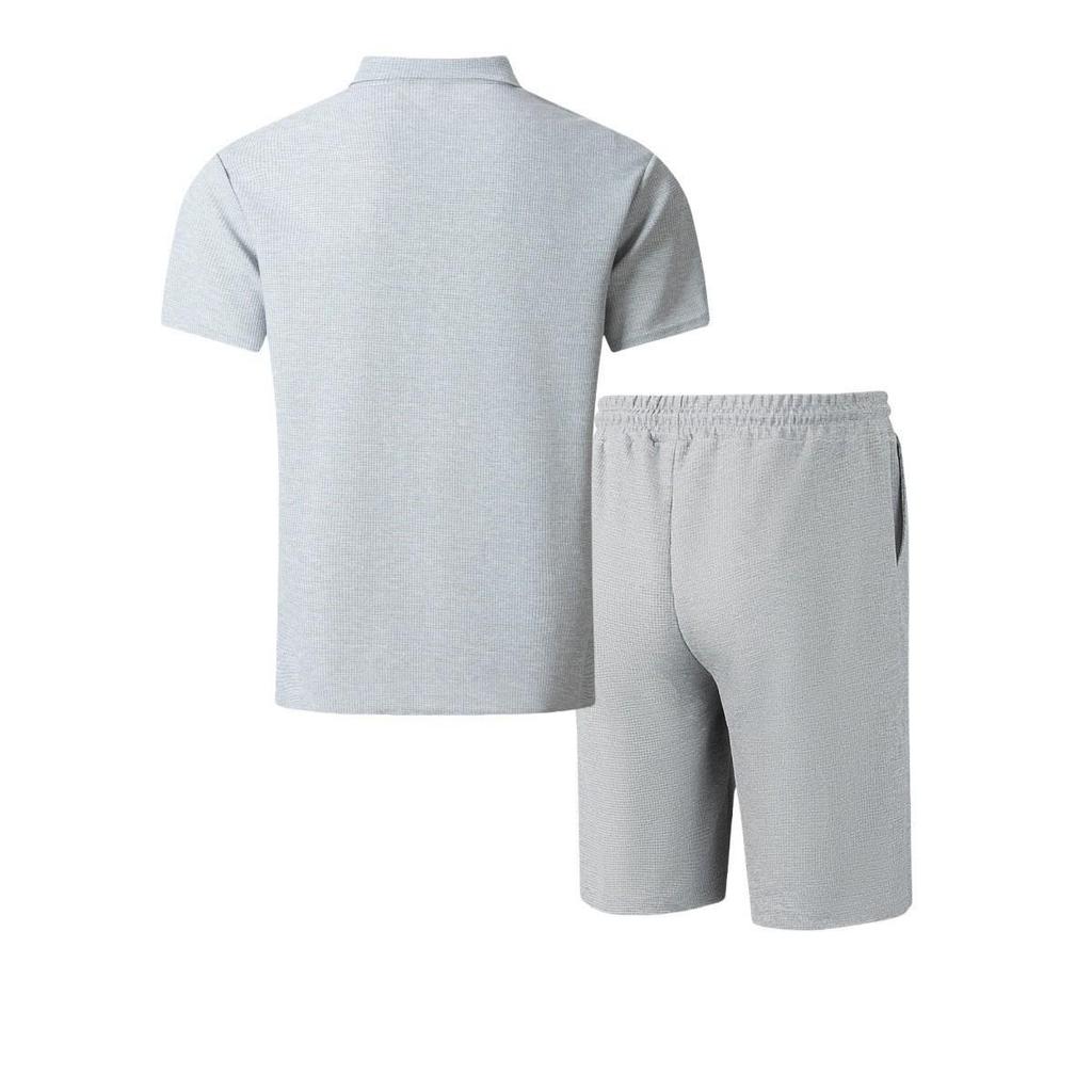 Men's Color Block Short-sleeved Cardigan and Pocket Shorts Set - Casual Summer Outfit