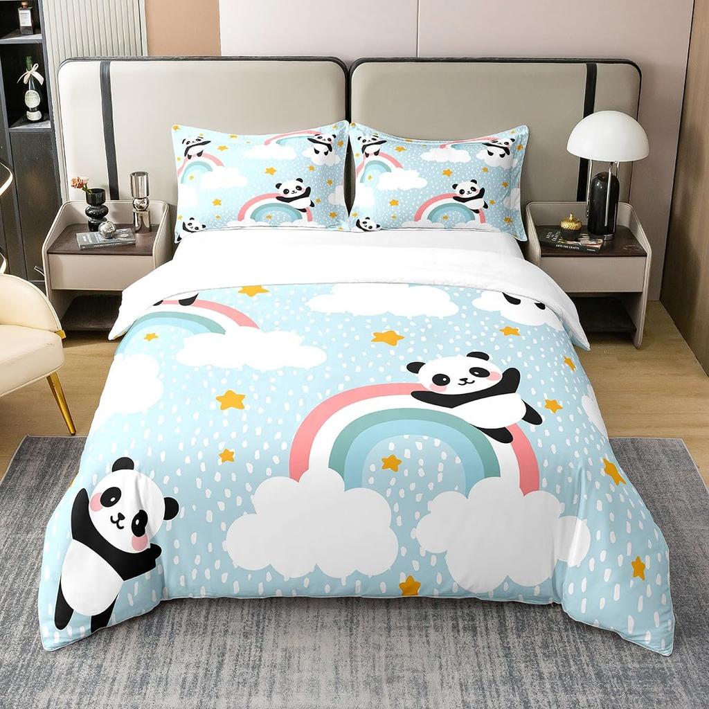 Husă de plapumă 3D Panda Mărime Queen Husă de plapumă drăguță cu panda Set de lenjerie de pat cu bambus Husă de plapumă pentru copii băieți fete adolescenți 3 piese