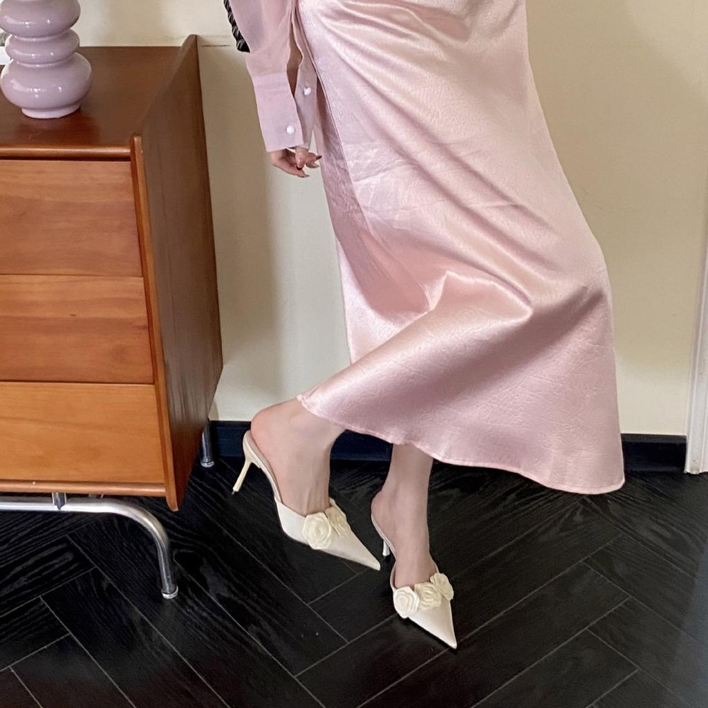 Women's Shoes Spring Pointed Toe Thin Heel High Heel Elegant French StyleSatin Flower Closed Toe Mules