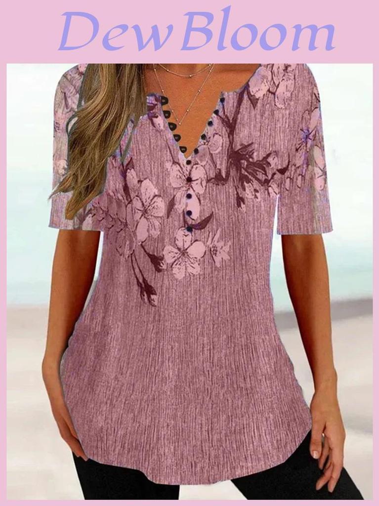 Summer Womens Loose Vneck Shirt With Floral Print And Button Closure For Casual Office Wear