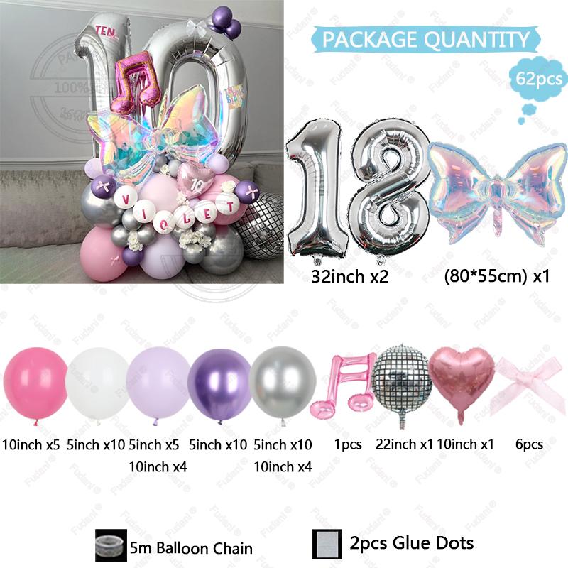 62pcs Colorful Bow Disco Balloon Silver Number Birthday Balloon Set Pink Music Note Children Adult Festive Party Decoration