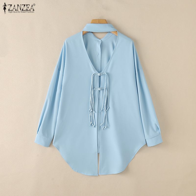 ZANZEA Women Casual Turn Down Collar Loose Backless Long Sleeve Blouse