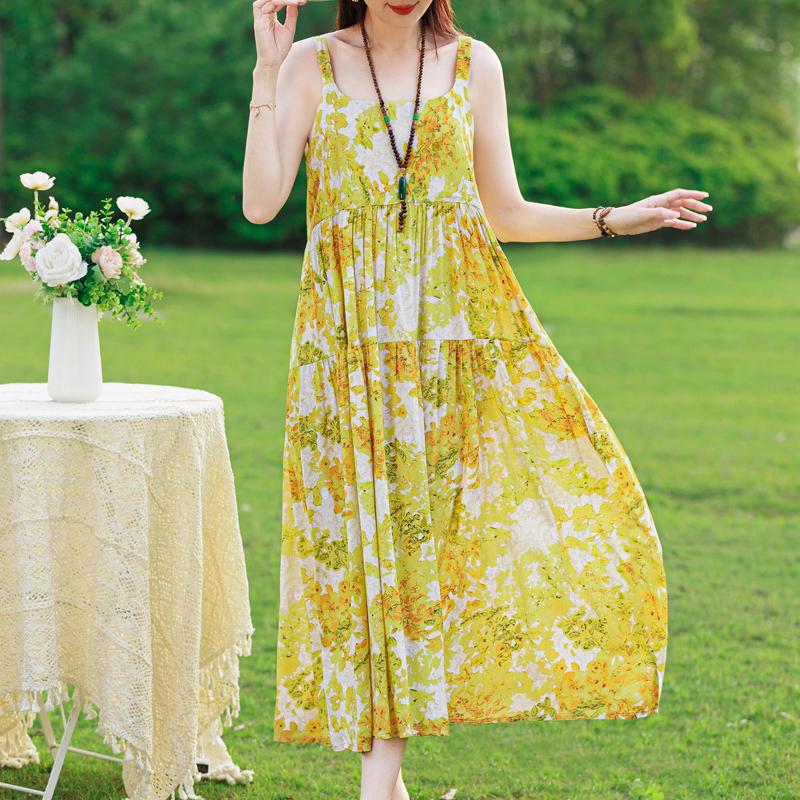 Elegant Sling Dress for Women Plus Size Casual Summer Long Dress Vintage Middle-aged Women's Clothing