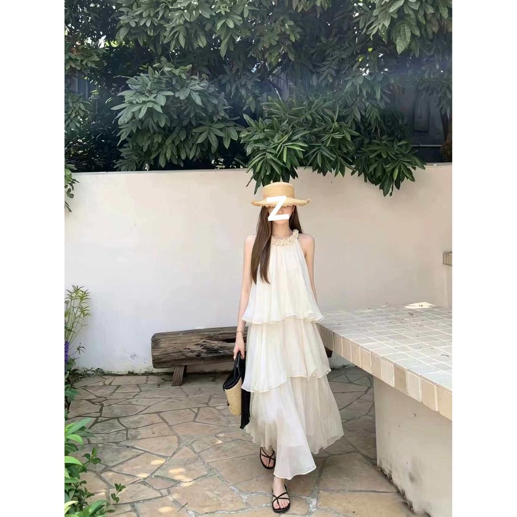 Summer Temperament Super Fairy Vacation Style Sleeveless Cake Long Dress French Beautiful Three-dimensional Flower Neck Women's Dress