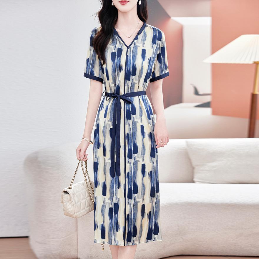 

Платье из плотного печатного шелка тутового дерева, женское летнее новое, с короткими рукавами, с темпераментом, эластичная атласная шелковая юбка L