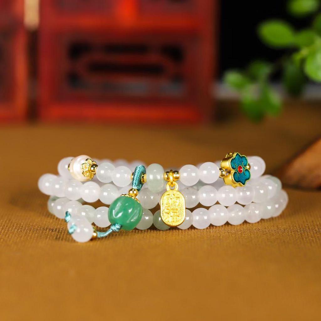 Xinjiang Tianshan Green Jade Women's Multi-Strand Prayer Beads Bracelet