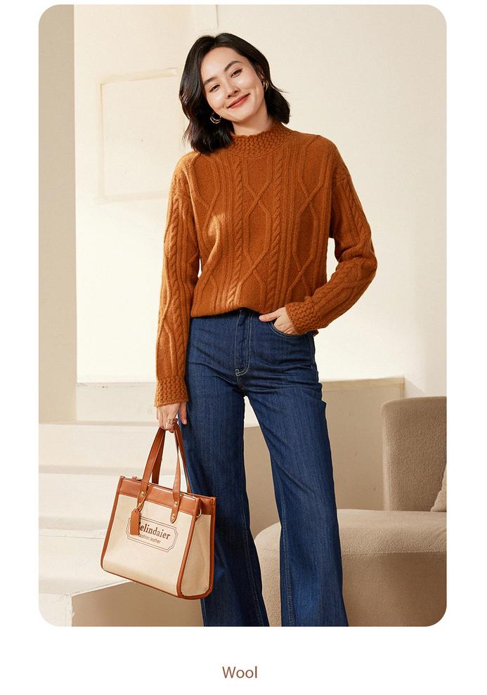 Women's Heavy Knit Wool Cashmere Cable Sweater with Half-High Neck - New Loose Fit for Autumn/Winter