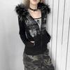 Y2K European and American millennial style hot stamping retro autumn and winter women's zipper slimming hooded sweatshirt