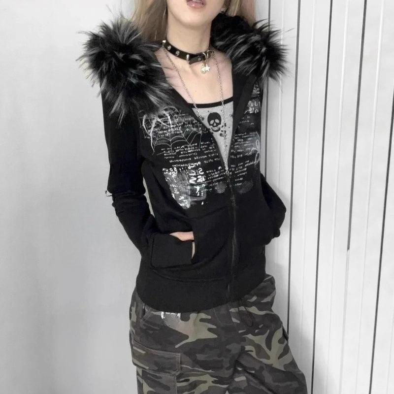 Y2K European and American millennial style hot stamping retro autumn and winter women's zipper slimming hooded sweatshirt