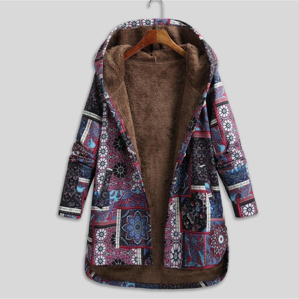 Winter New Women's Cotton Linen Printed Hoodie Warm Fleece Coat In Stock