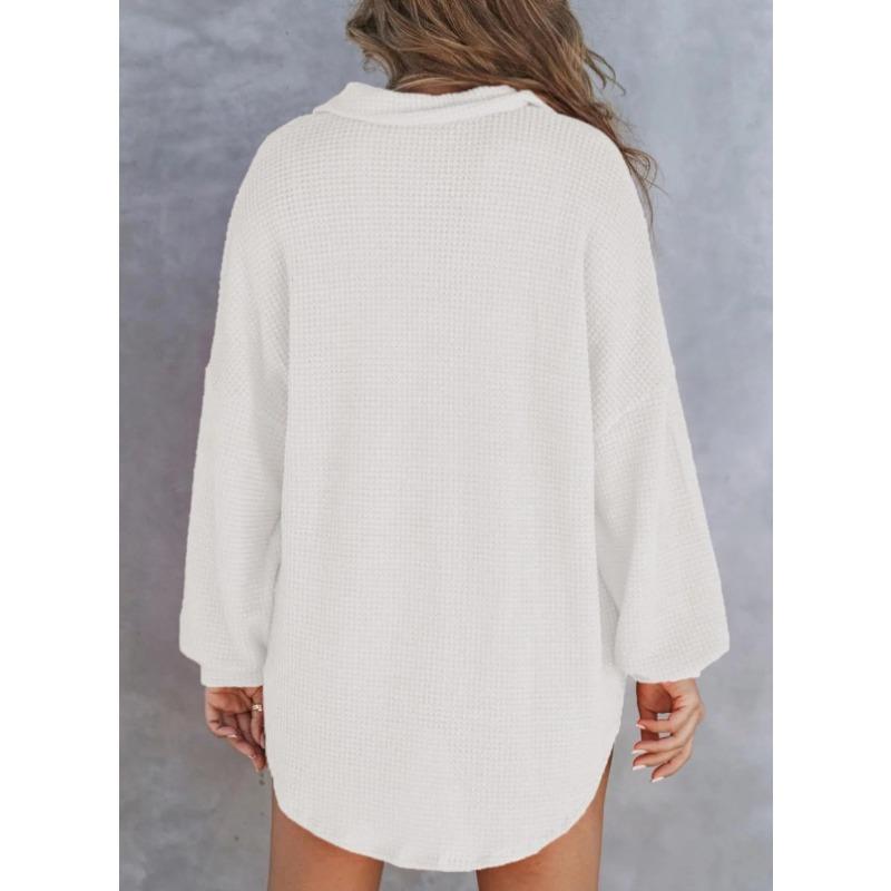 DAFIFY Women's Fashion Casual Spring Autumn Solid Color Print Long Sleeve POLO Neck Blouses & Shirts