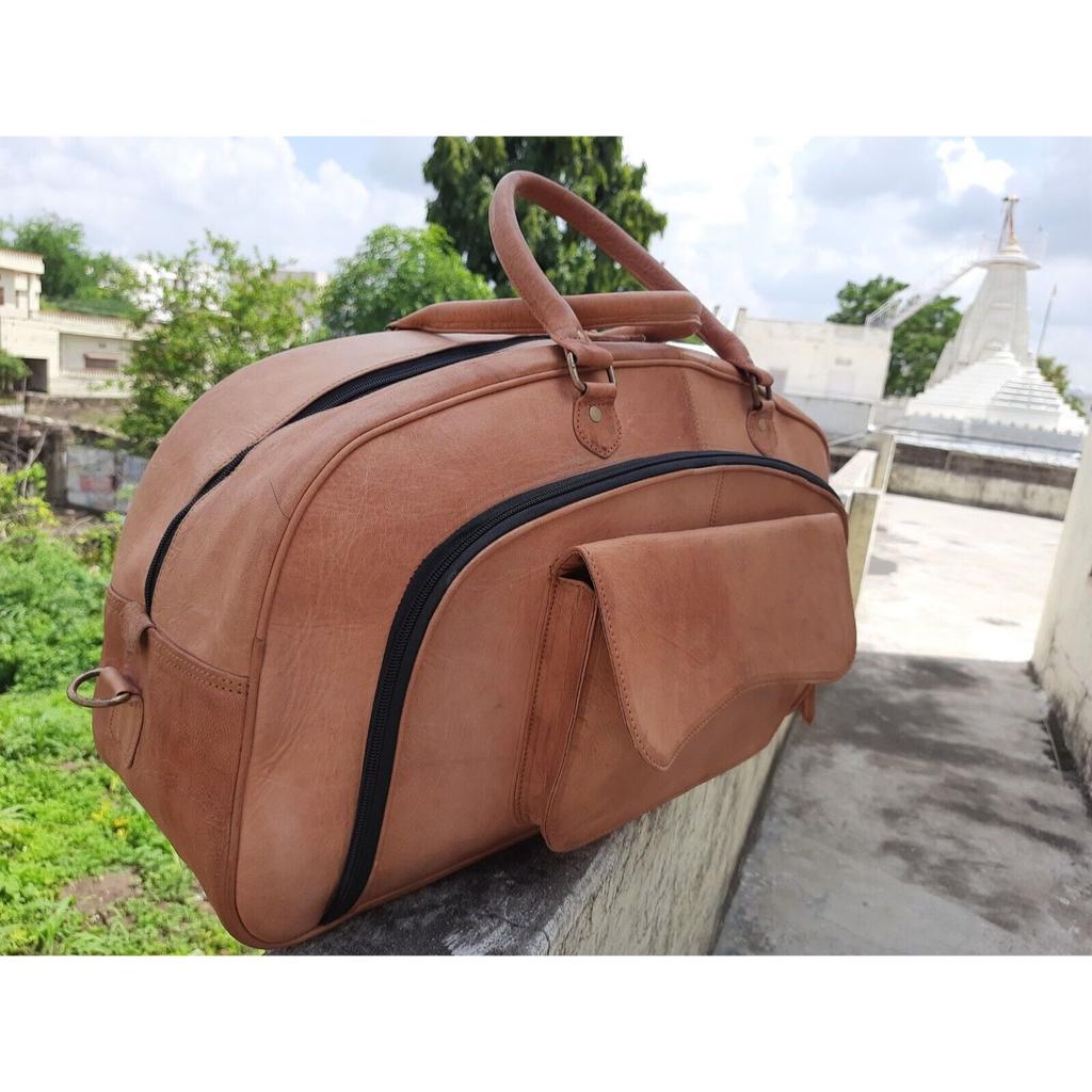 Men Brown Vintage Real Travel Luggage Duffle Gym Bags Tote Goat Leather